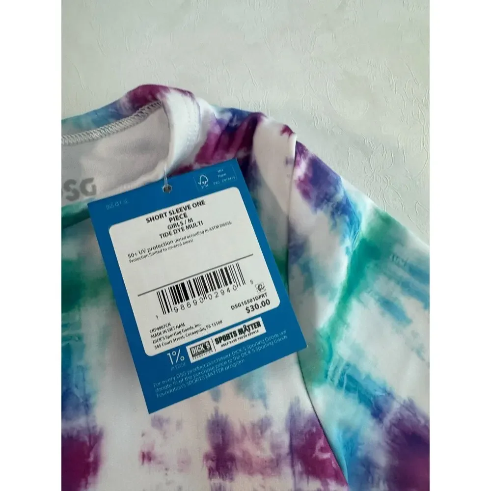 DSG Girls One Piece Swimsuit UPF 50+ Short Sleeve Zip Back Size M Tie Dye NWT